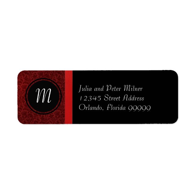 Red Damask & Red Bow Monogram-Return Address Label (Front)