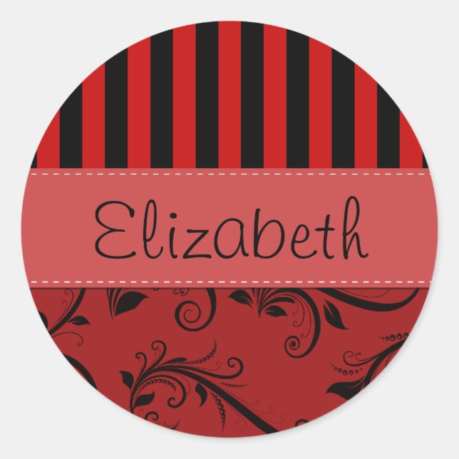 Red Damask, Red Stripes, Striped, Your Name Classic Round Sticker (Front)
