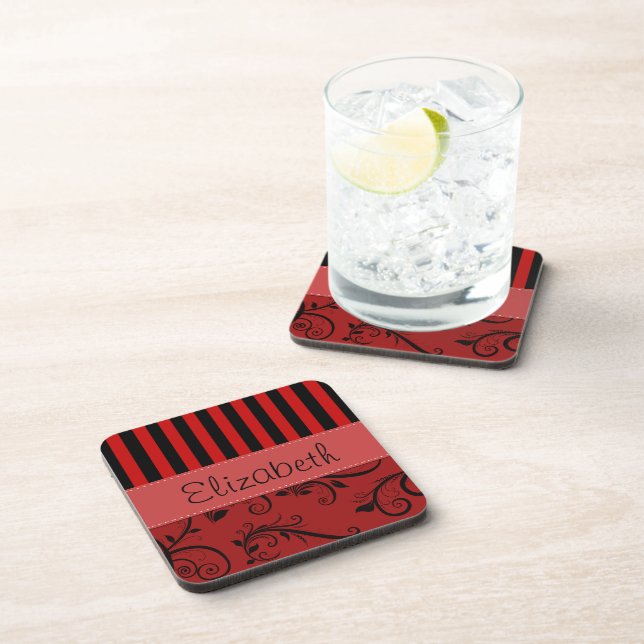 Red Damask, Red Stripes, Striped, Your Name Coaster (Right Side)