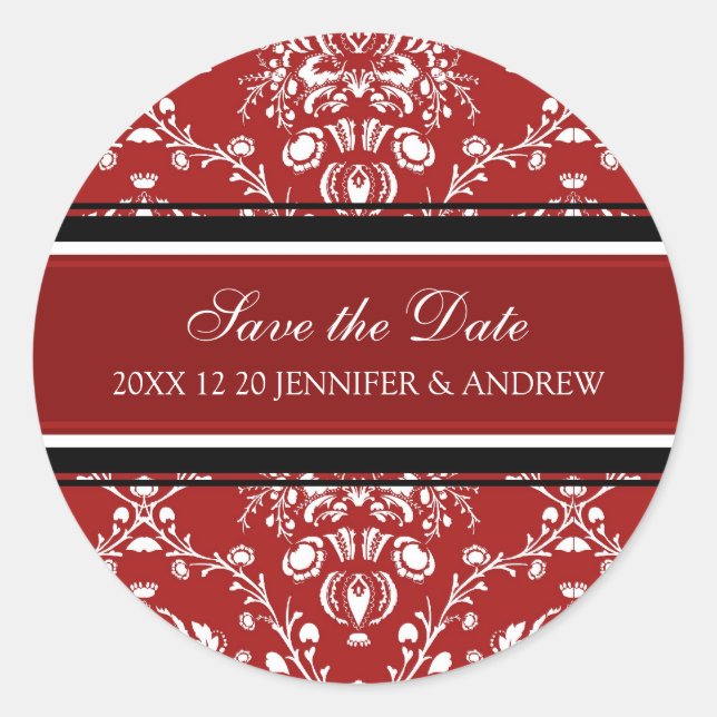 Red Damask Save the Date Winter Wedding Stickers (Front)
