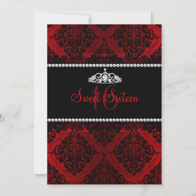 Red Damask & Tiara Sweet Sixteen Invite (Front)