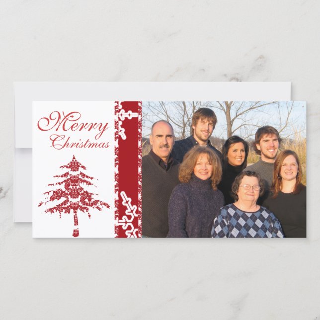 Red Damask Tree & Snowflakes  Merry Christmas Holiday Card (Front)