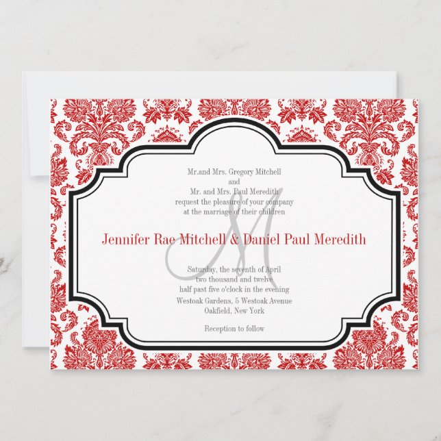 Red Damask Vintage Black White Wedding Invitations (Front)