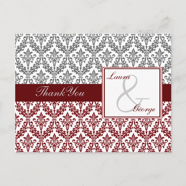 red damask wedding Thank You Postcard (Front)
