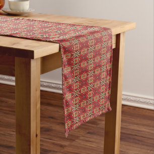 Red Dark Brown Tan Beige Rust Orange Tribal Art Short Table Runner