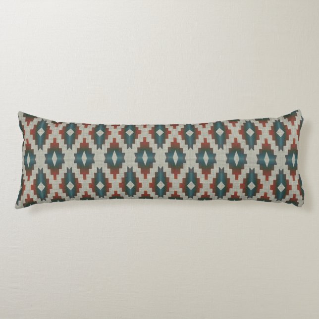 Red Dark Brown Teal Blue Grey Tribal Art Pattern Body Pillow (Front)