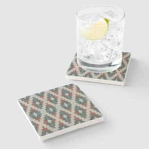 Red Dark Brown Teal Blue Grey Tribal Art Pattern Stone Coaster
