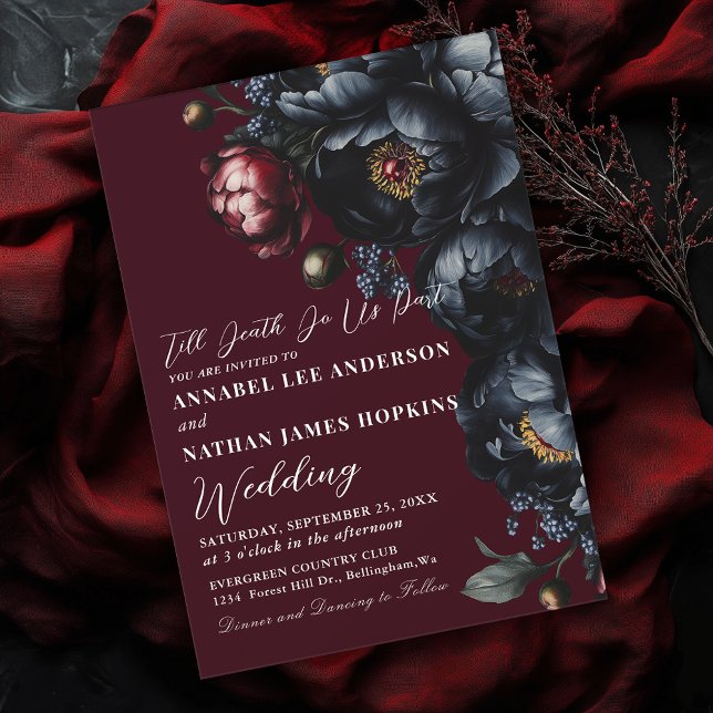 Red Dark Moody Romantic Black Peony Gothic Wedding Invitation (Creator Uploaded)