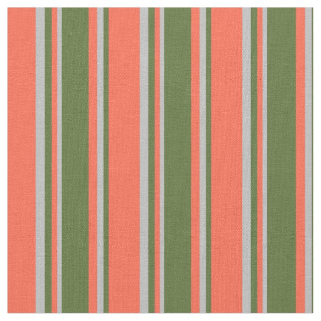 Red, Dark Olive Green, and Grey Stripes Fabric (Close Up)