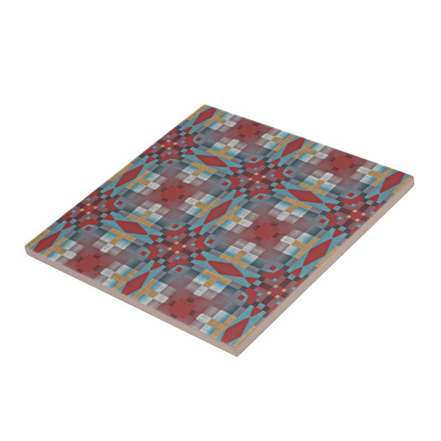 Red Dark Teal Blue Mustard Yellow Ethnic Tribe Art Tile (Side)