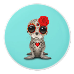 Red Day of the Dead Baby Sea Lion Ceramic Knob