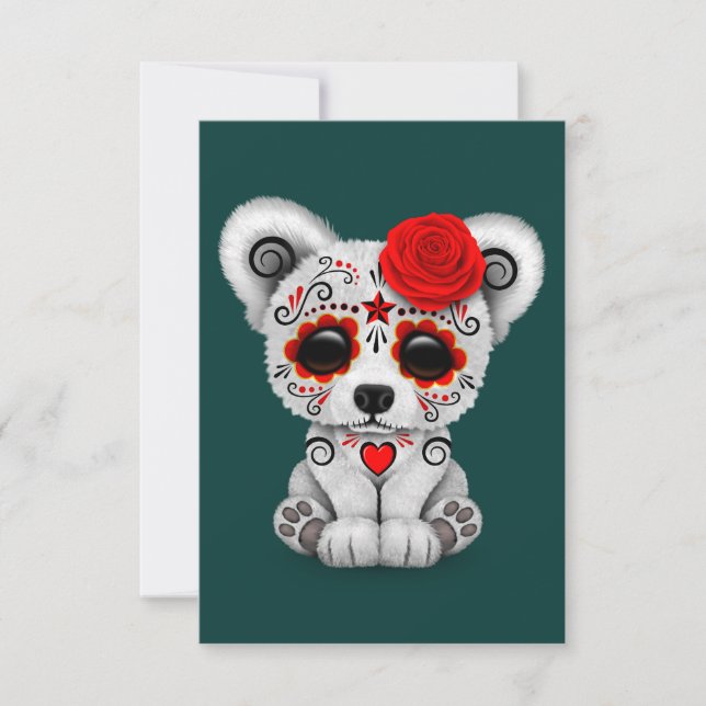 Red Day of the Dead Sugar Skull Bear Teal Blue (Front)