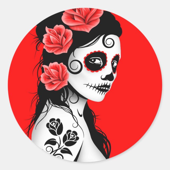 Red Day of the Dead Sugar Skull Girl Classic Round Sticker (Front)