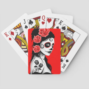 Red Day of the Dead Sugar Skull Girl Playing Cards