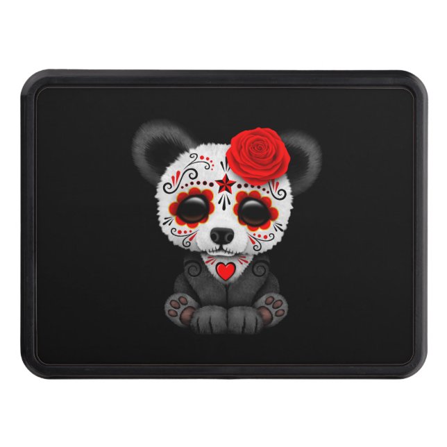 Red Day of the Dead Sugar Skull Panda on Black Trailer Hitch Cover (Front)