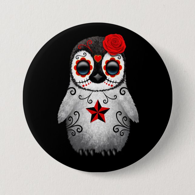 Red Day of the Dead Sugar Skull Penguin Black 3 Inch Round Button (Front)