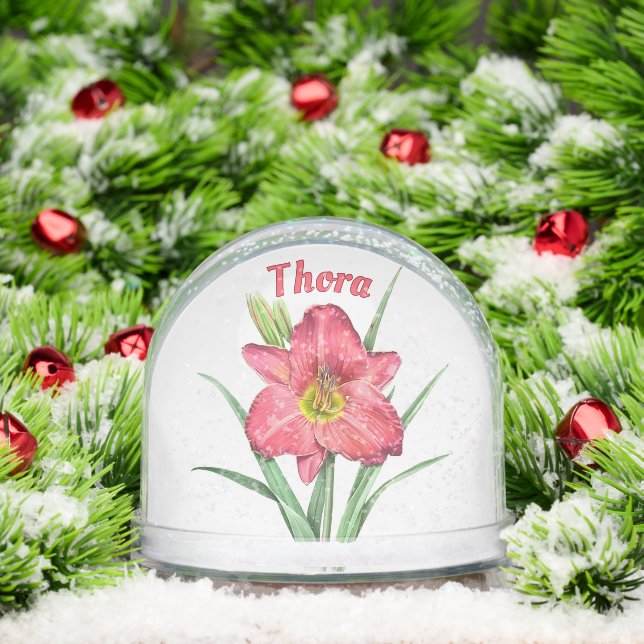 Red Daylily Flower Botanical Art Personalized Snowglobe (Christmas)