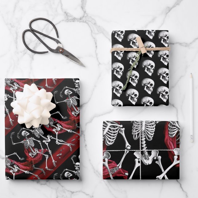 Red Death Dancing Skeletons Gothic Wedding Wrapping Paper Sheet (Front)