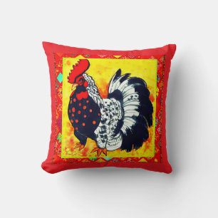 Red Decorative Border Rooster Art Throw Pillow