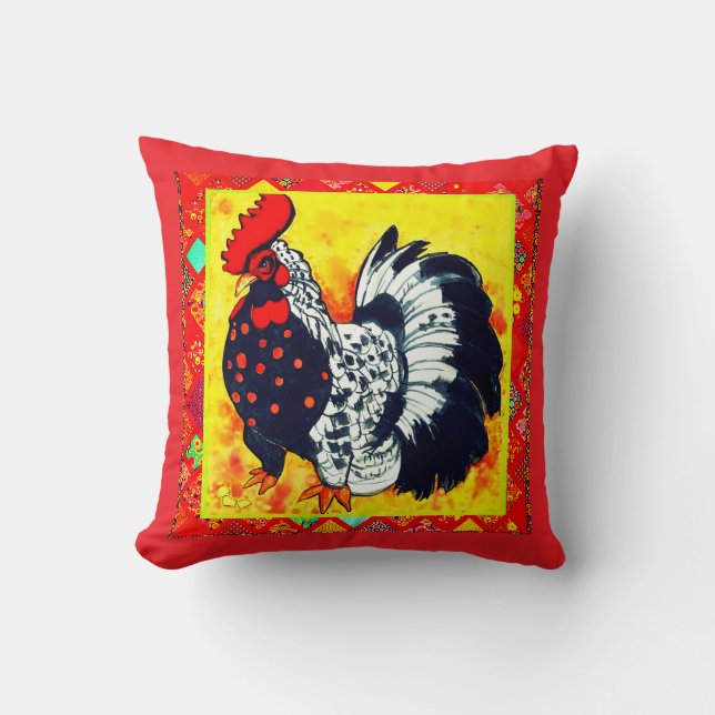 Red Decorative Border Rooster Art Throw Pillow (Front)