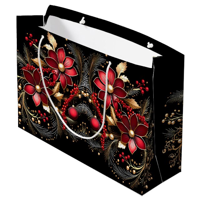 Red Decorative Flowers Holiday Gift Bag (Back Angled)