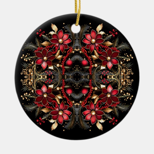 Red Decorative Flowers Holiday Ornament (Front)