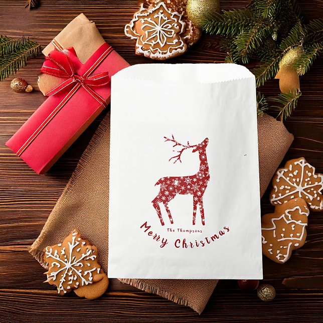 Red deer and snowflakes personalized christmas favour bag (Creator Uploaded)