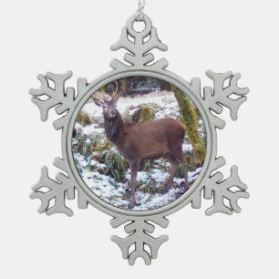 Red Deer Stag in Snow  Snowflake Pewter Christmas Ornament