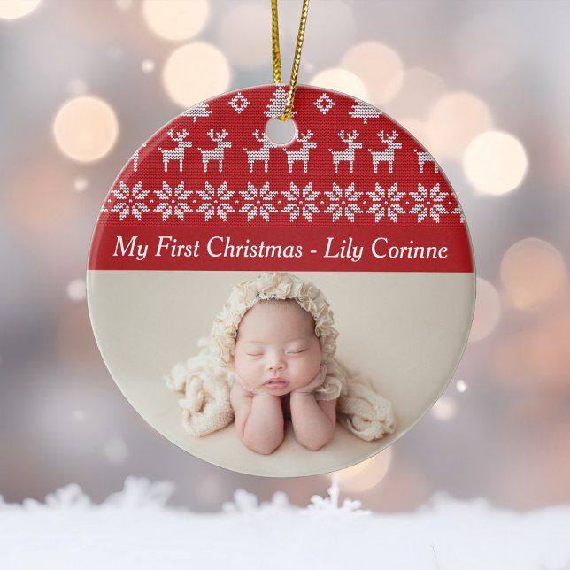 Red Deer Tree Pattern Baby's 1st Christmas Photo Ceramic Ornament (Creator Uploaded)