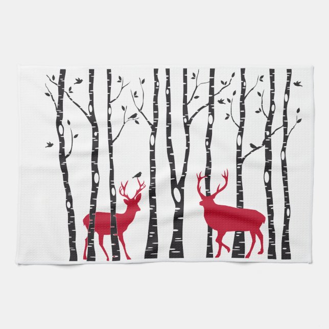 Red deers in birch tree forest kitchen towel (Horizontal)