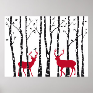 Red deers in birch tree forest poster