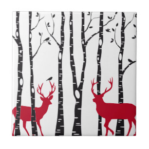 Red deers in birch tree forest tile