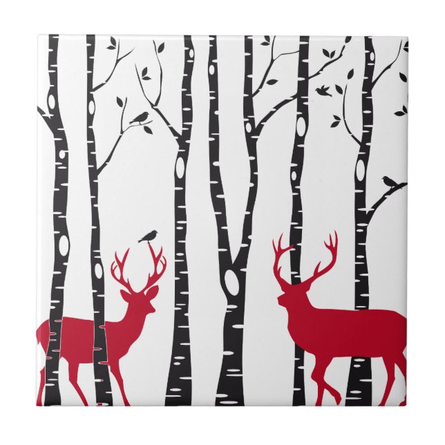 Red deers in birch tree forest tile (Front)