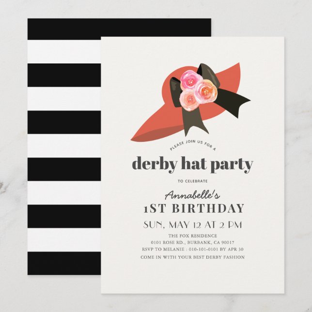 Red Derby Hat Rose 1st Birthday Party Invitation (Front/Back)
