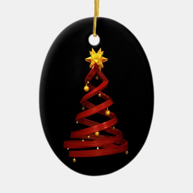 Red design pine and golden balls ceramic ornament (Front)