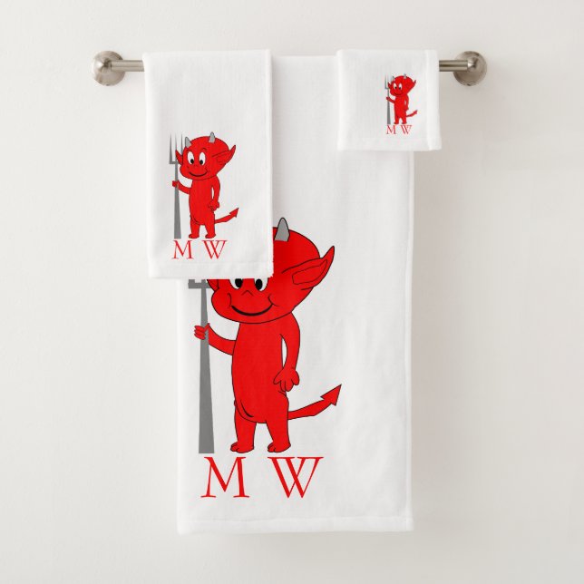 Red Devil Design Monogrammed Bath Towel Set (Insitu)