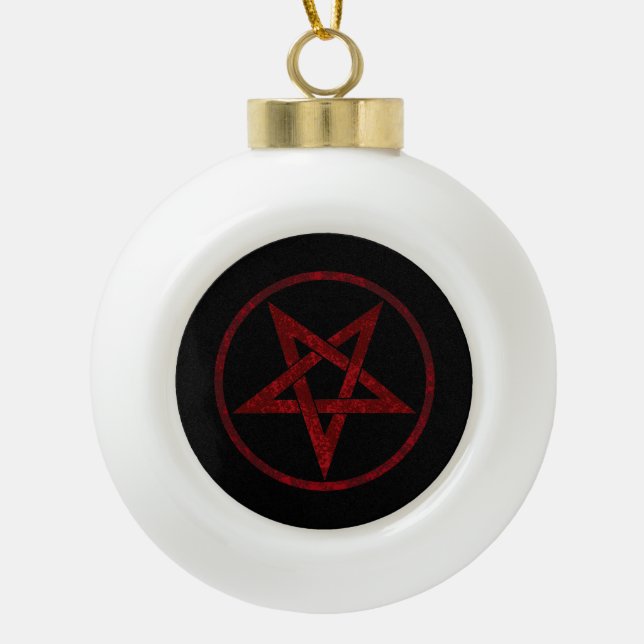 Red Devil Pentagram Ceramic Ball Christmas Ornament (Front)