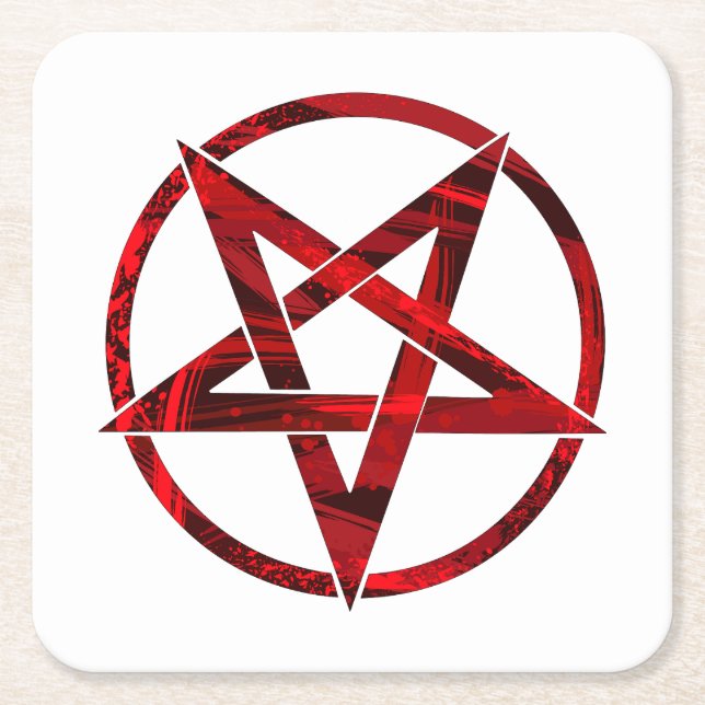 Red Devil Pentagram Square Paper Coaster (Front)