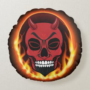 Red Devil Skull Skeleton Demon Dog Bed Round Pillow