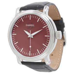 Red dial men's watch with black leather band