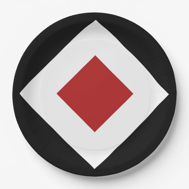 Red Diamond, Bold White Border on Black Paper Plate (Front)