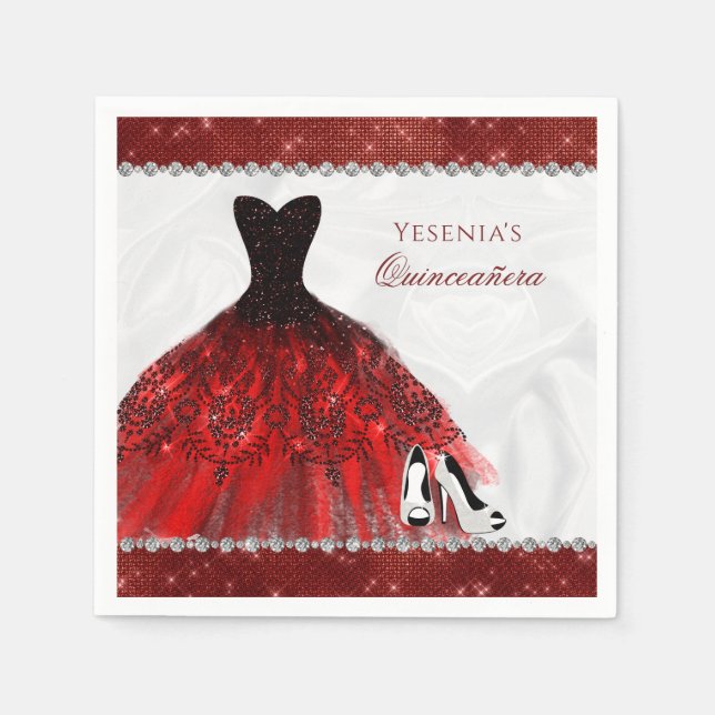 Red Diamond Sparkle Glam Quinceañera Napkin (Front)