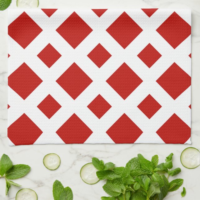 Red Diamonds on White Kitchen Towel (Folded)
