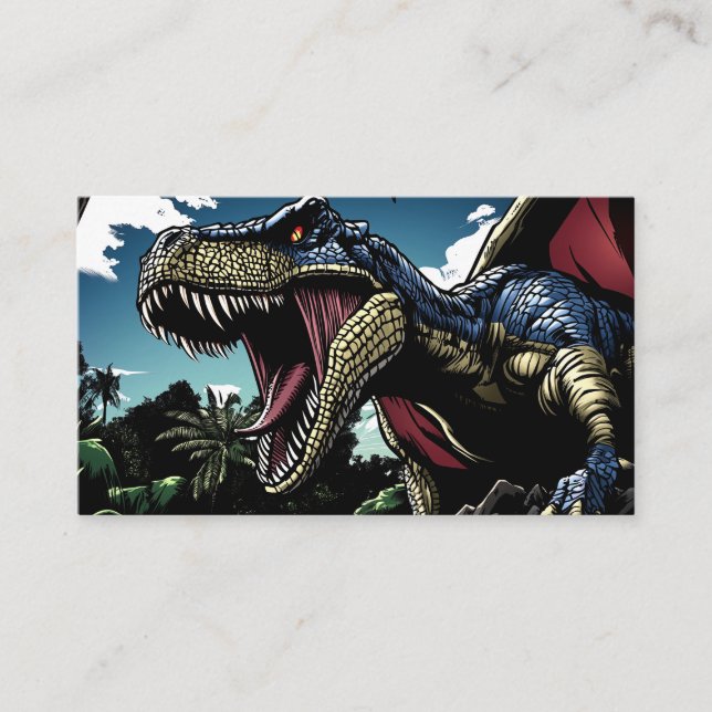 Red Dinosaur in a Futuristic Jungle Business Card (Front)