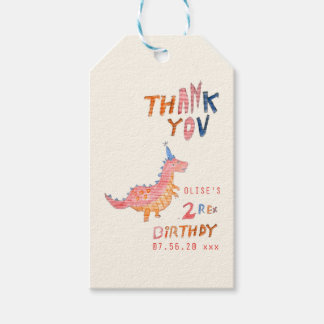 Red dinosaur two rex 2nd birthday party gift tags