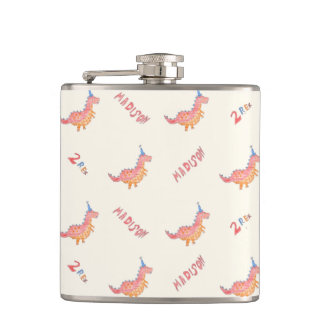 Red dinosaur two rex 2nd birthday party hip flask