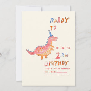 Red dinosaur two rex 2nd birthday party invitation
