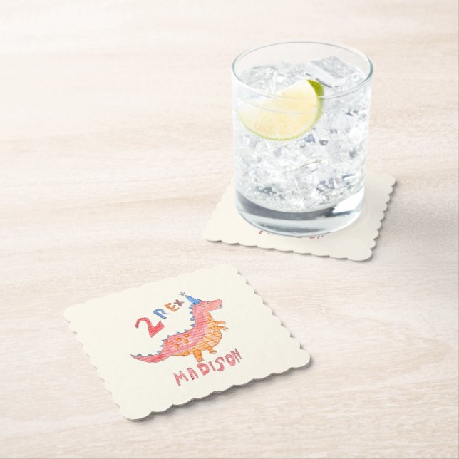 Red dinosaur two rex 2nd birthday party  paper coaster (Insitu)