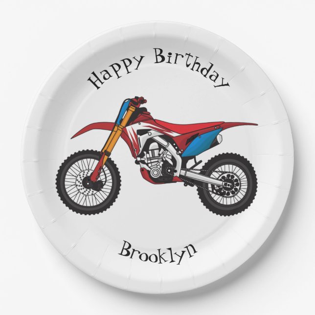Red dirt bike motorcycle paper plate (Front)