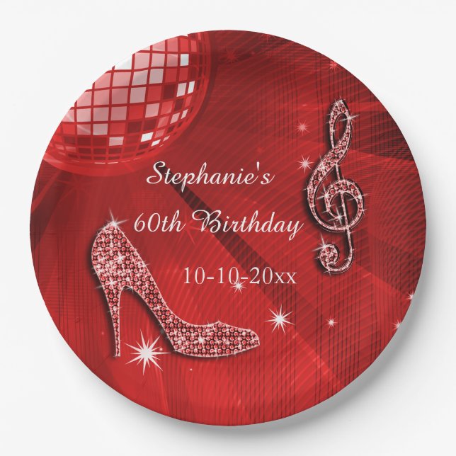 Red Disco Ball and Heels 60th Birthday Paper Plate (Front)